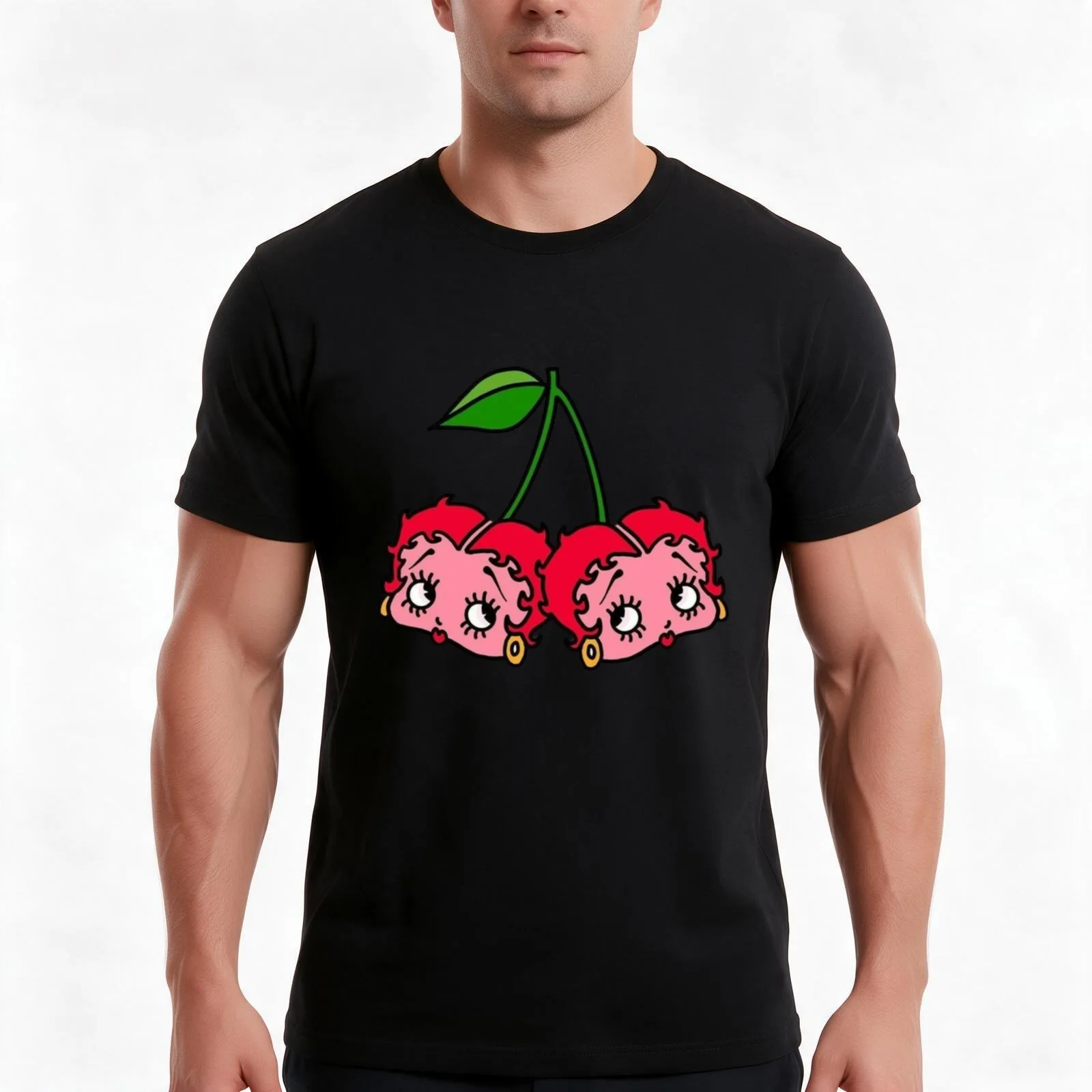 cherry boop!! T-Shirt, Summer Casual Cotton Tee, Oversized Streetwear Tops, Vintage Graphic Print, Loose Fit Short Sleeve
