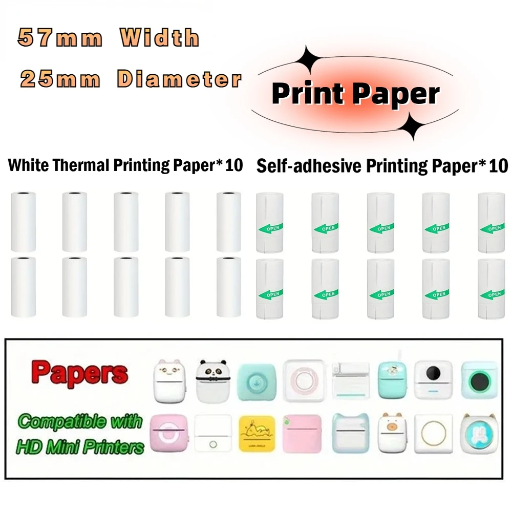 57mm 10 Rolls Thermal Printing Paper White Self-adhesive Label Sticker Photo for Inkless Mini Printer Kids Instant Print Camera