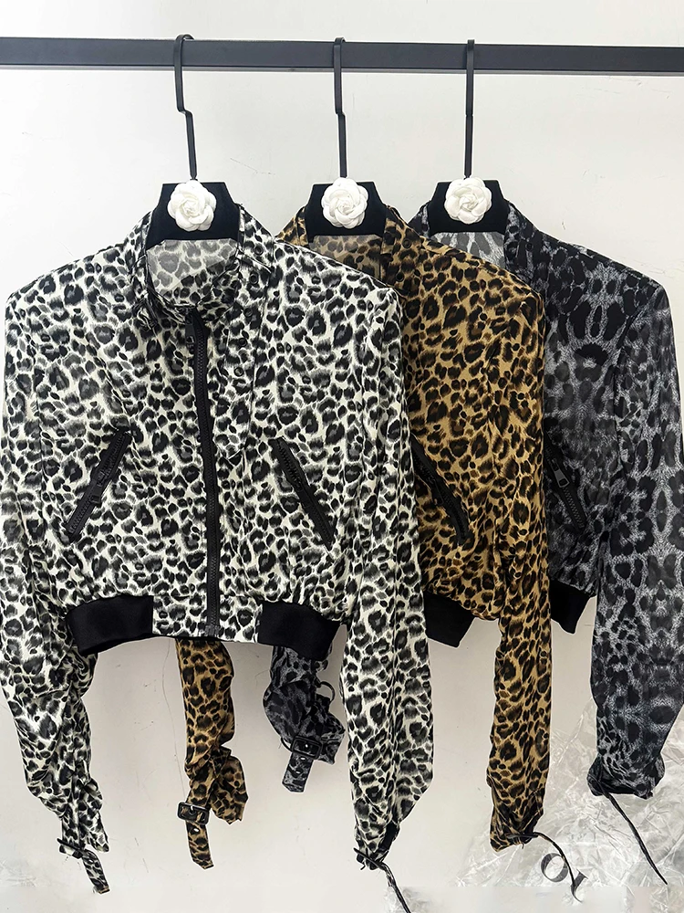 European style women's summer fashion leopard print color blocking versatile lightweight sun protection button shirt jacket