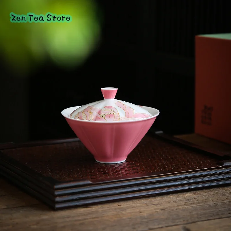 Chinese Imitation Ancient Ceramic Cover Bowl Color Glaze Hand-painted Lotus Kung Fu Tea Set Tea Cover Bowl Bamboo Hat Tea Bowl