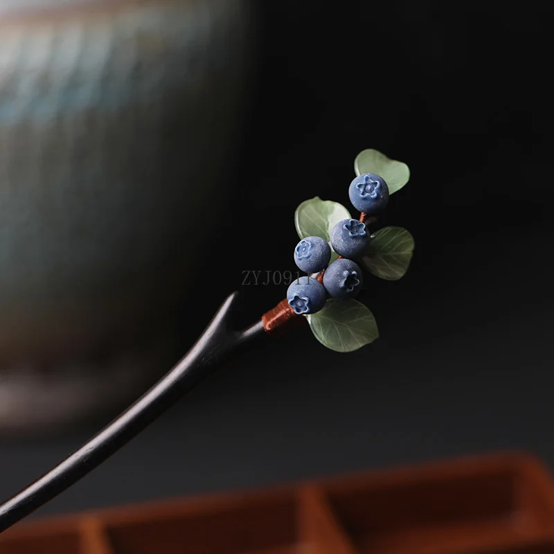 Заколка для волос ручной работы с имитацией фруктов и черники, дизайн заколки для волос из черного дерева, аксессуар, заколка для волос