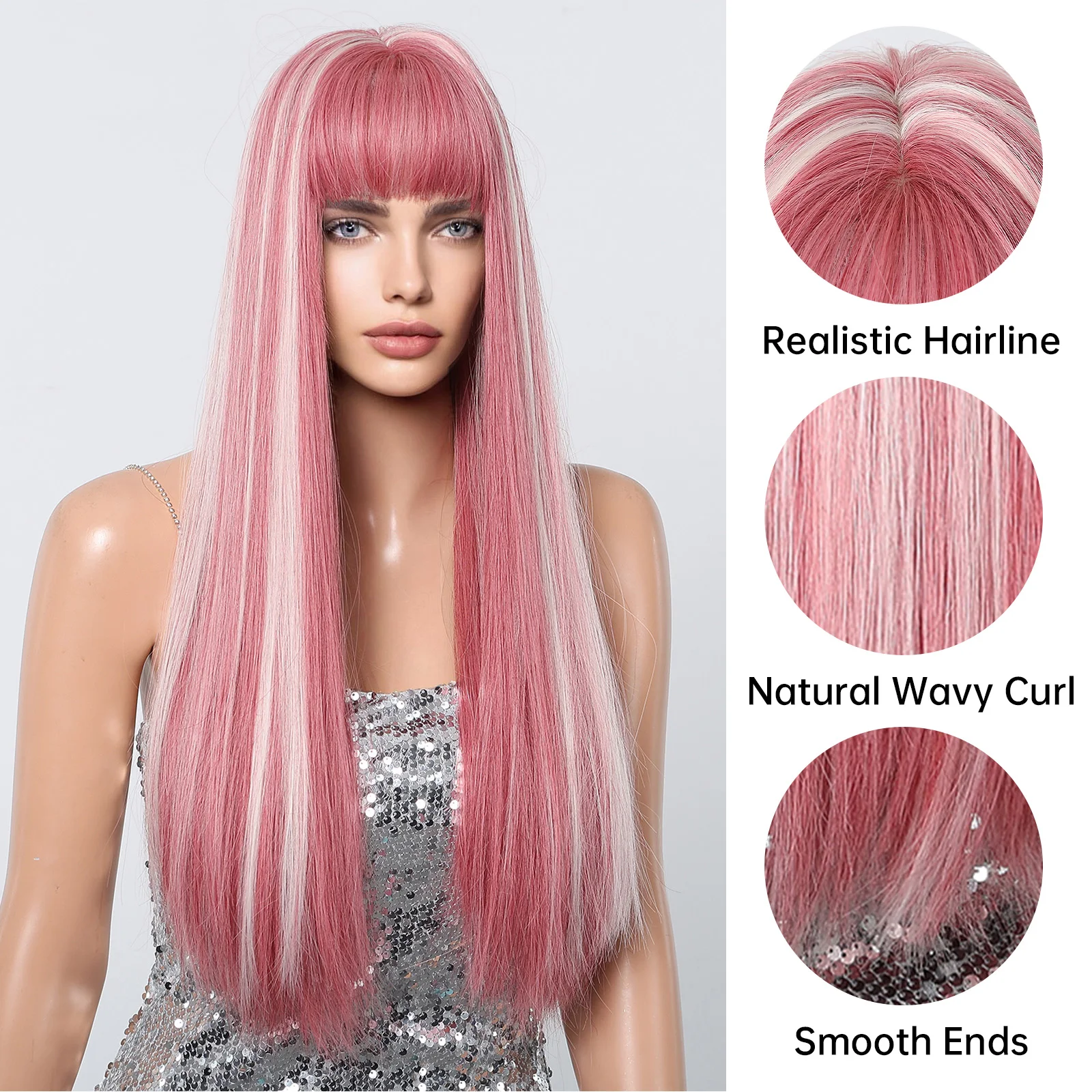 HENRY MARGU Pink Highlight Wig Long Straight Wig with Bangs Mixed Pink Cosplay Party Hair for Women Heat Resistant Synthetic Wig