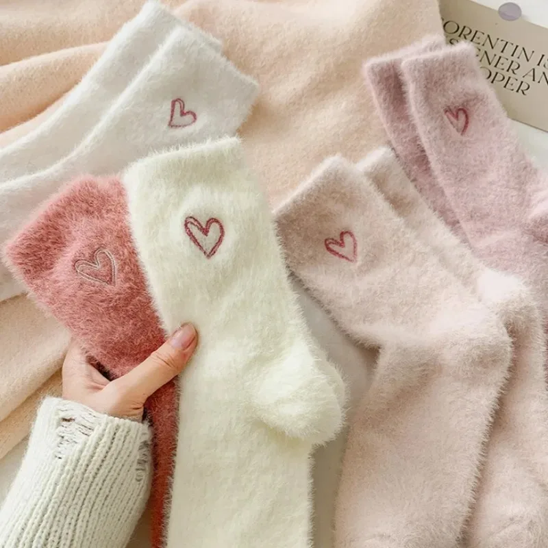 

Thickened Middle Tube Socks Mink Fur Pink Embroidered Heart-shaped Women Autumn Winter Warm Sleep Home Solid Color Plush Sock