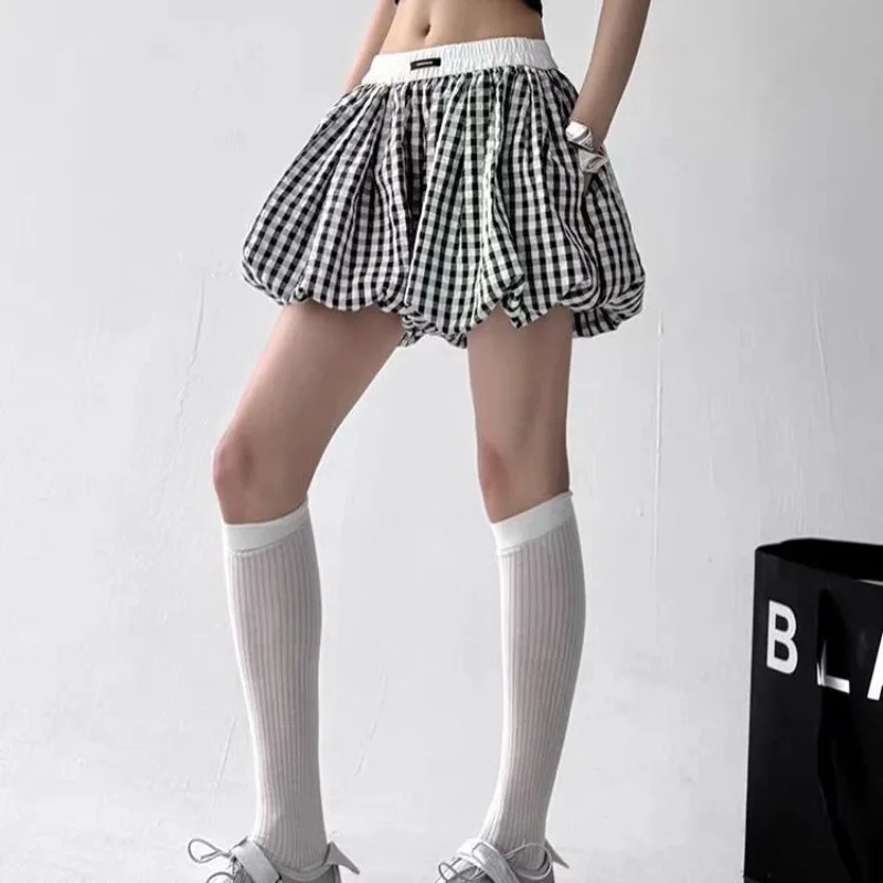 Lindas culottes a cuadros esponjosos con brotes para mujer, novedad de verano 2021, falda corta holgada de cintura alta en forma de A