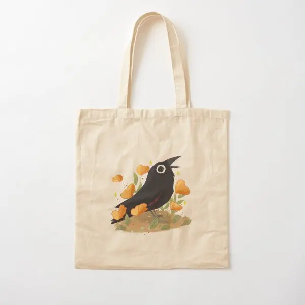 Cute Crow Illustration Cotton  Canvas Bag Fabric Handbag Shoulder Bag Foldable Unisex Fashion Women Ladies Reusable Designer