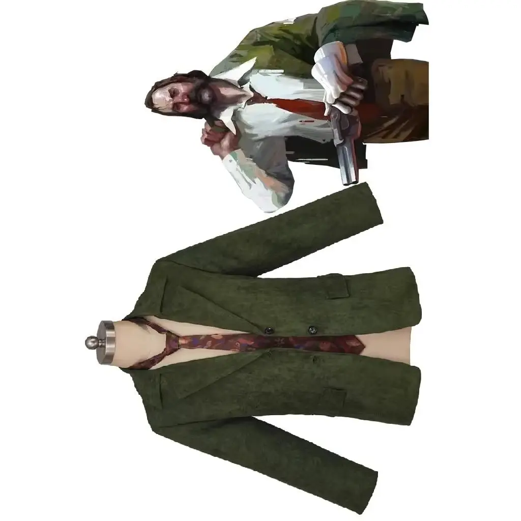 

Harrier Du Bois Cosplay Disco Elysium Coat For Men Retro Green Suede Jacket with Tie Halloween Carnival Party Streetwear