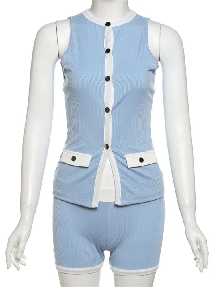 

Sisterlinda Summer Classic 2 Piece Set Fashion Panelled Splice Single Breasted Tanks+Matching Slim Shorts Mujer Street Outfits
