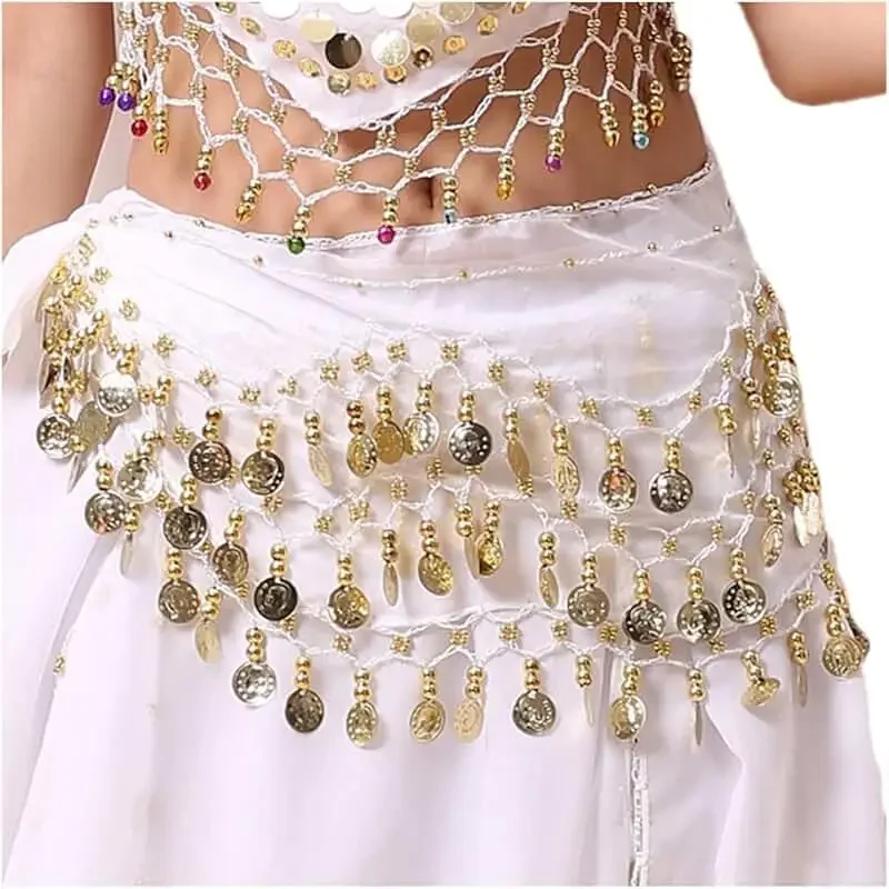 Buikdans Riemen 3 Rij Riem Gold Tone Munten Riem Vrouwen 140 Cm Pailletten Kwasten Chiffon Hippe Sjaal Accessoires Voor buikdans Riemen