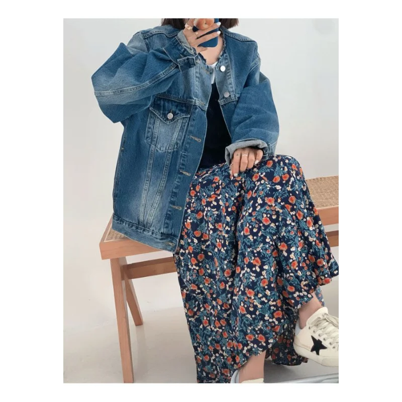 Jupe mi-longue à fleurs bleues pour femmes au printemps et en été, taille haute, élastique et polyvalente, amincissante et mi-longue