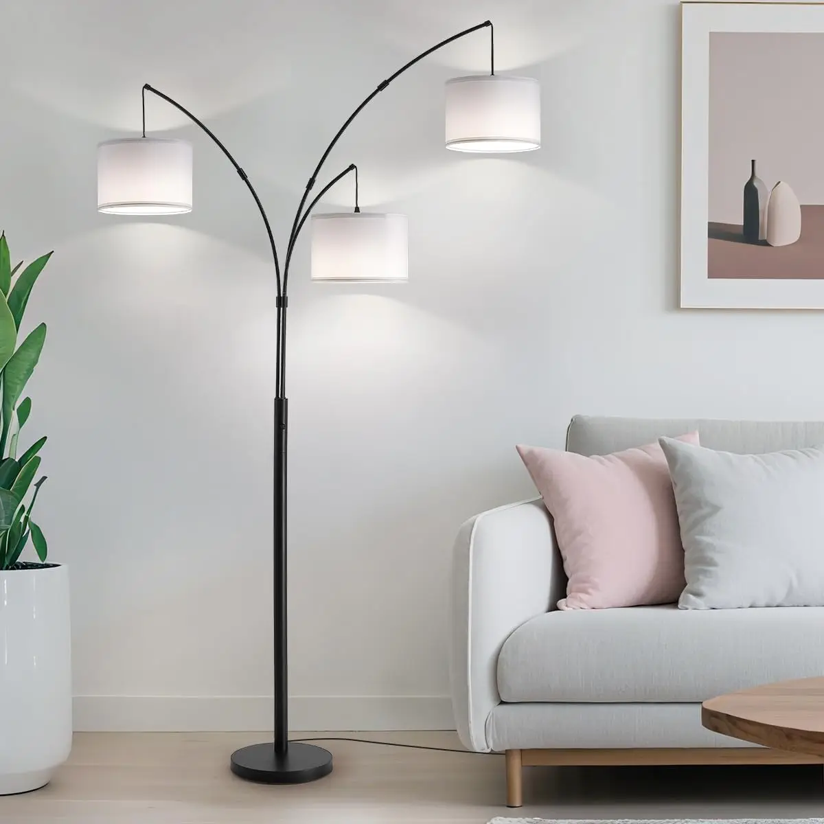 Floor lamp with Remote, 3 Light Arc Floor Lamps for Living Room, 2400LM Tall Standing Floor Lamps with White Shades, 80