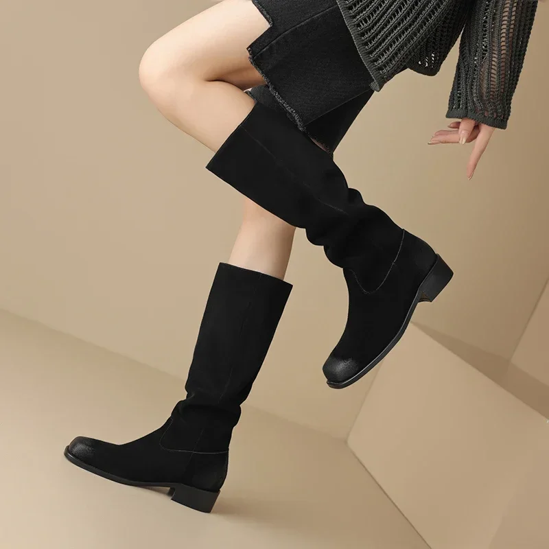 2024 New Cow Suede Retro Women Boots Autumn Winter Slip-On Mid-Calf Boots for Women Square Toe Square Heel Basic Shoes High