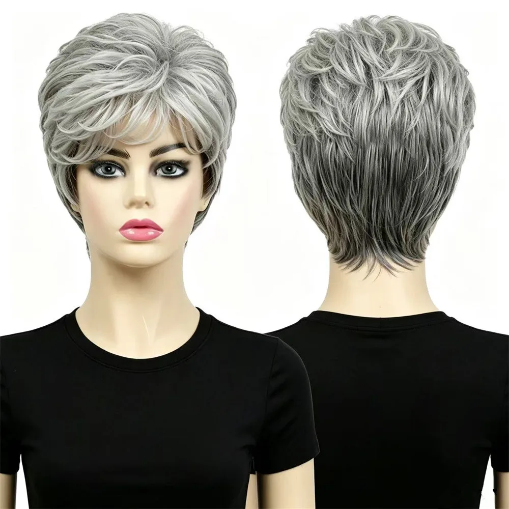 

Short Gray Wigs for Women Natural Synthetic Heat Resistant Fiber Layered Pixie Cut Wig with Bangs for Daily Party Cosplay