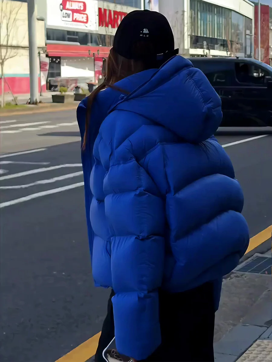 블루 오트 퍼퍼 재킷 여성용 겨울 루즈핏 브레드 슬레 코트 따뜻한 캐주얼 방풍 디자인 듀 다운 충전재 시 레저