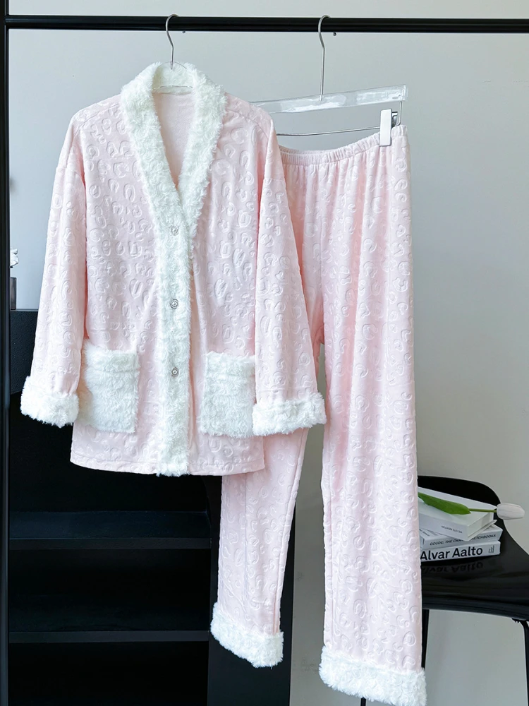 Sweet Warm Printed Pajamas Island Velvet Fall/Winter Home Clothes Set Plush Splicing Long Sleeve Sleepwear Pants Nightwear Women