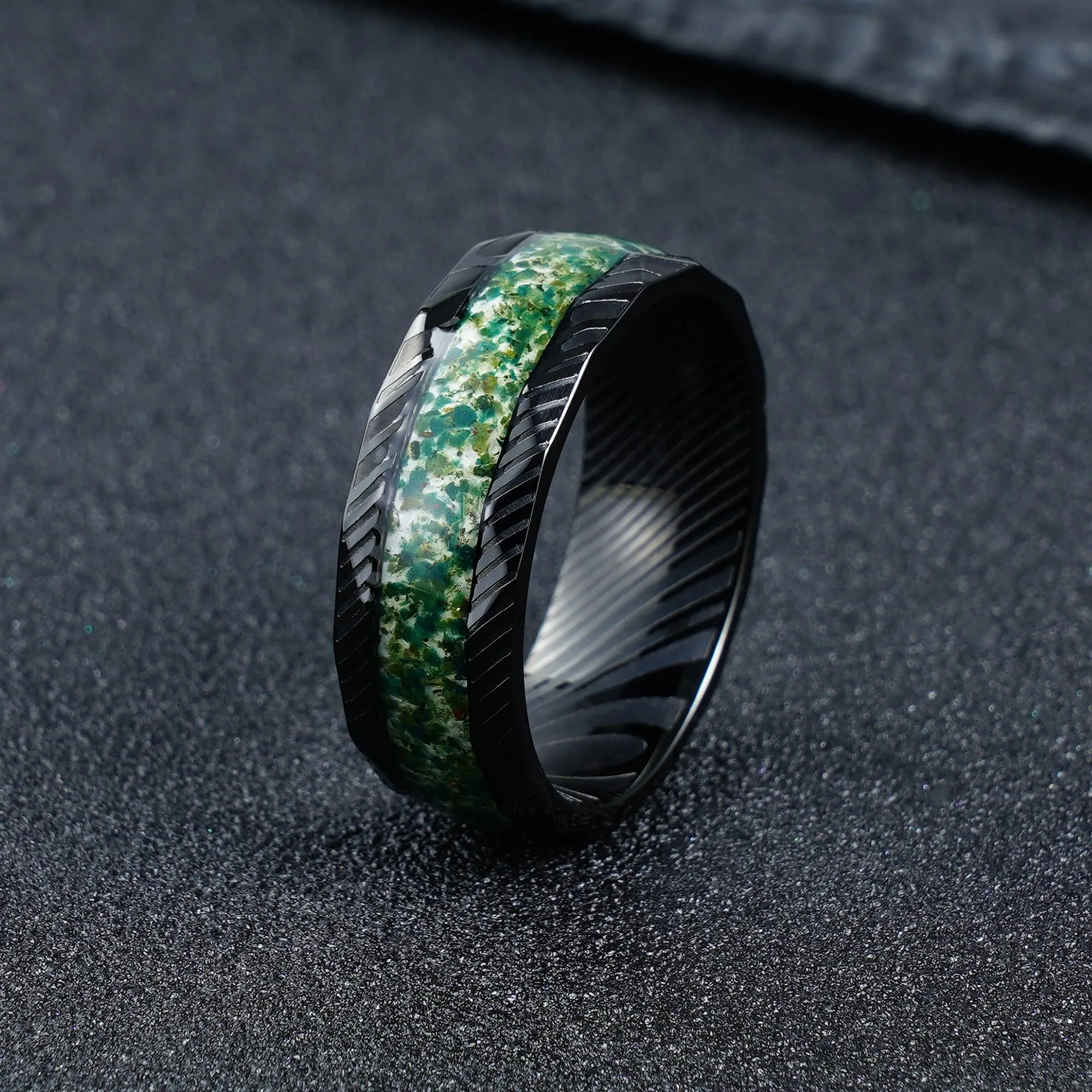 Custom 8mm Width Black Stainless Steel Ring for Man Wedding Inlay Aquatic Plant Galaxy Gravel Size 7-12 Best Gift