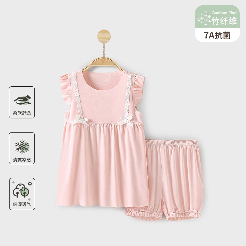 Girls' Pajamas Princess Style Korean Small Floral Lace Sweet Home Clothes Baby Short Sleeved+ Pants Air-conditioned Clothes  3