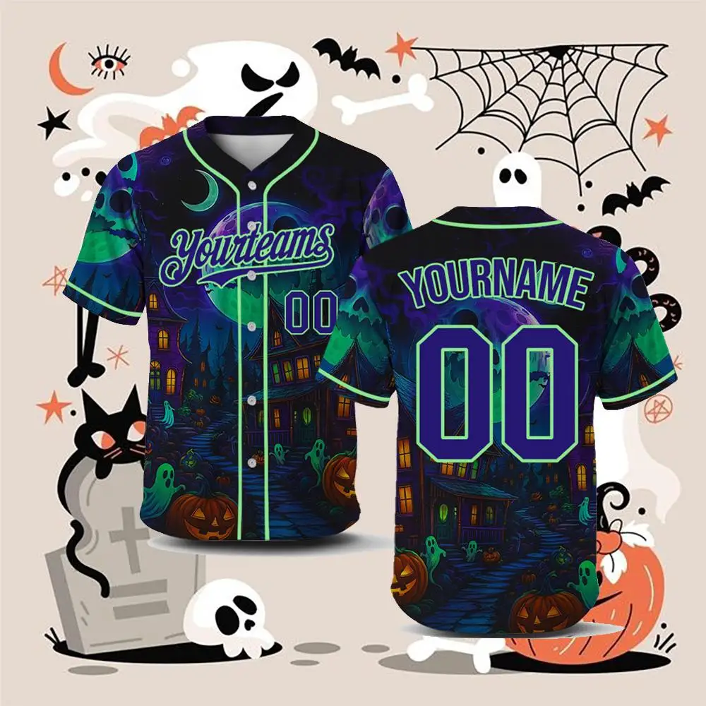 Halloween Horror Ghost Pumpkin Graphic Baseball Uniform Fashion Print Custom Number Button Shirt Men Women Cosplay Party Clothes