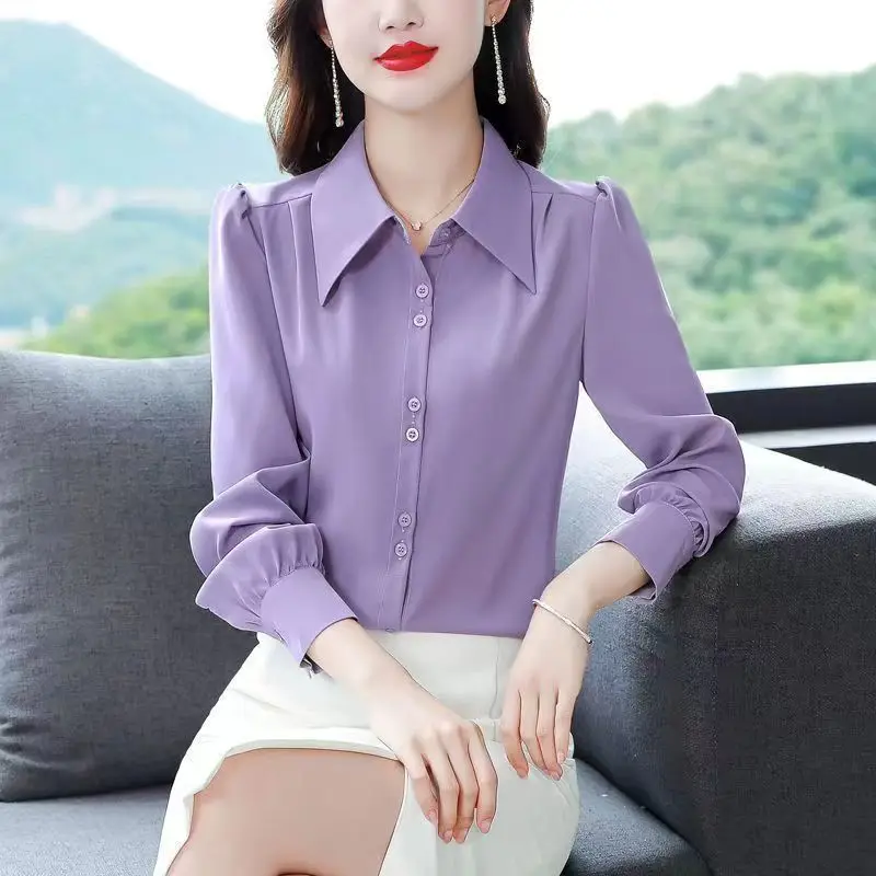 2023 Autumn and Winter New Versatile Commuter Women\'s Clothing Splice Buttons POLO Collar Long Sleeve Solid Color Casual Shirt