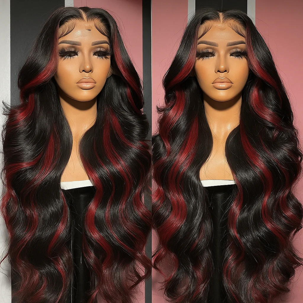 

1B/99J Объемная волна 5x5 Бесклеевой парик Человеческие волосы Бразильские предварительно выщипанные Ombre Красный с черным цветным париком с кружевной передней застежкой