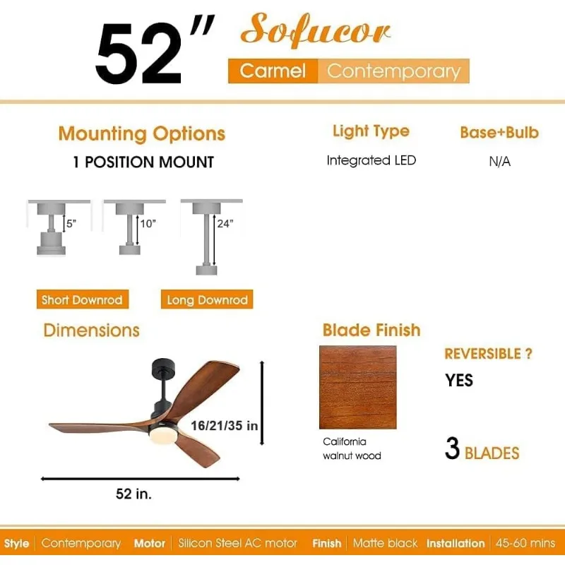 Sofucor-Ventilateur de Plafond avec Lumières, Télécommande, Réversible, Silencieux, ETL, Nik, Extérieur, 3 Pôles, 52"