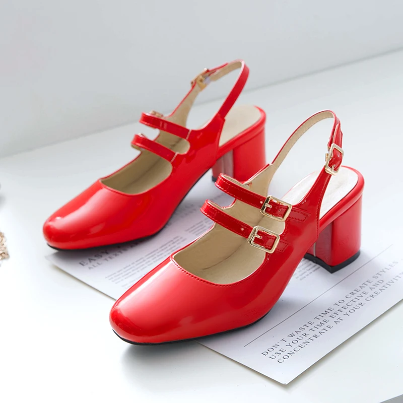 Spring Women Pumps Thick High Heel Mary Janes Shoes Round Toe Autumn Office Dress Party Bridal Red Lady Slingbacks Big Size32-43