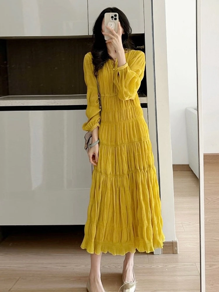 

New Spring Autumn Women Long Sleeve Loose Fit Long Dress Elegant Big Hem Pleated Solid Color Chiffon Dress y2k clothes