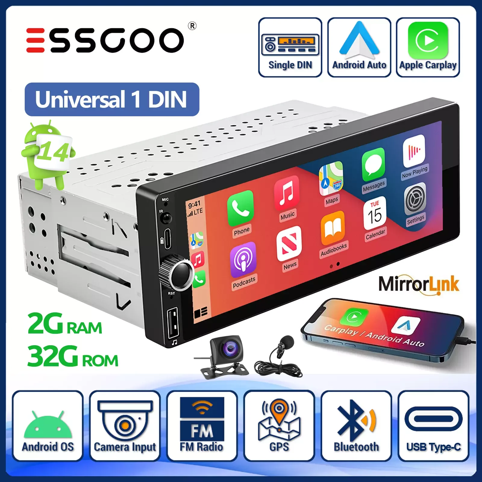 

ESSGOO 6.86" 【2+3GB】Single 1 Din Android 14 Car Stereo Wireless Apple CarPlay Bluetooth Radio USB/Type-C Charging GPS Navi WiFi