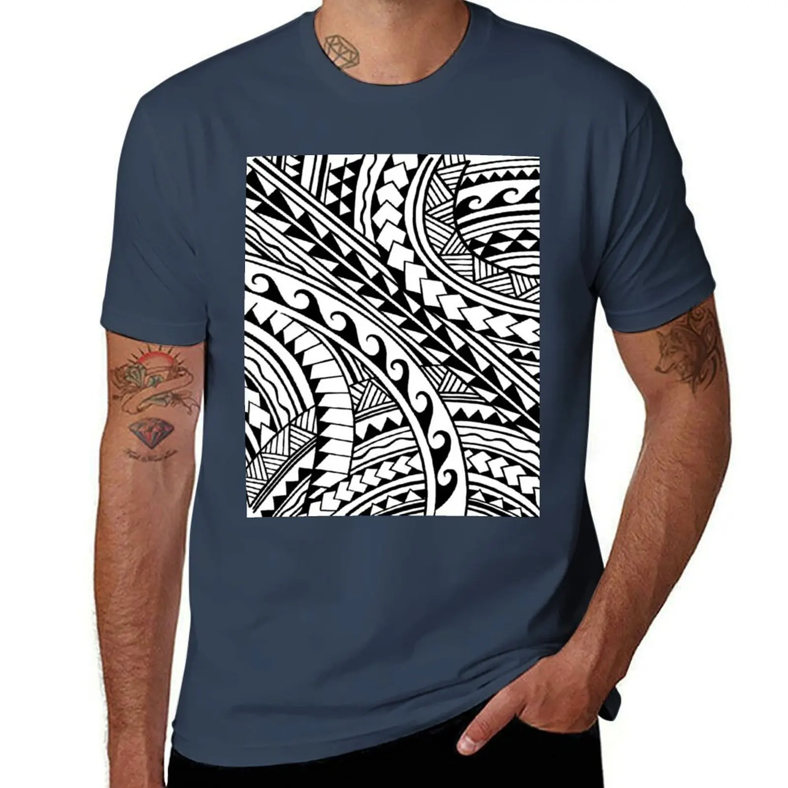 Hand drawn polynesian tribal T-Shirt Trendy Casual Short Sleeve Shirt