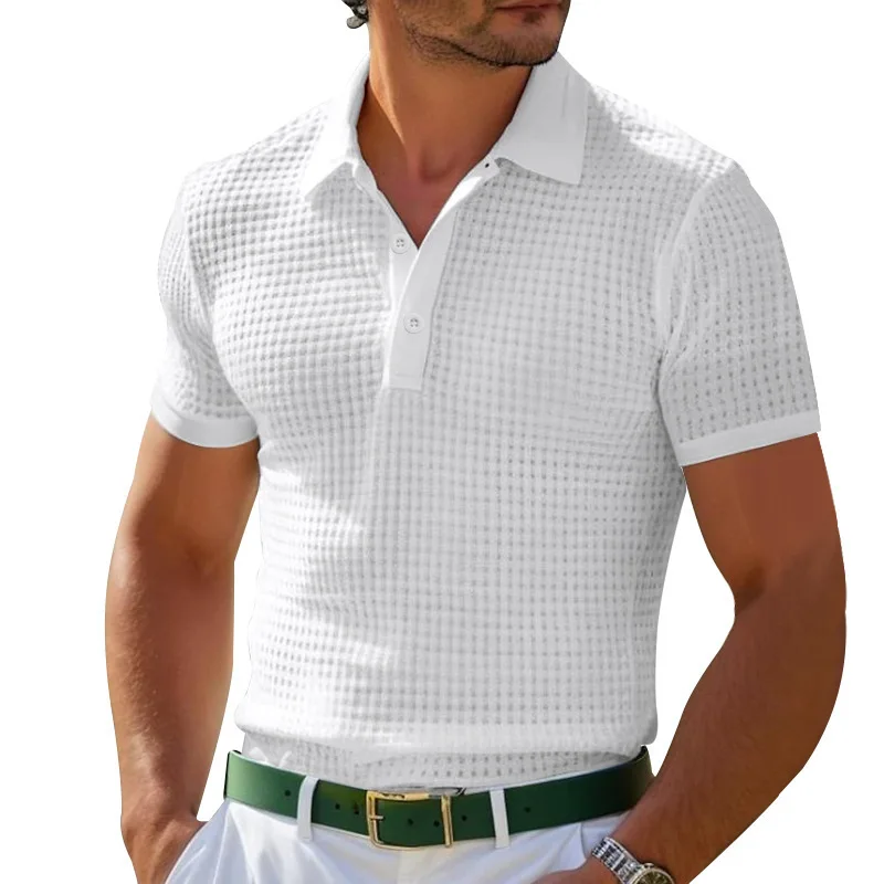 2026 Men's Textured Waffle Polo Shirt Solid Color Button Lapel Short Sleeve Casual Streetwear & Golf T-Shirt