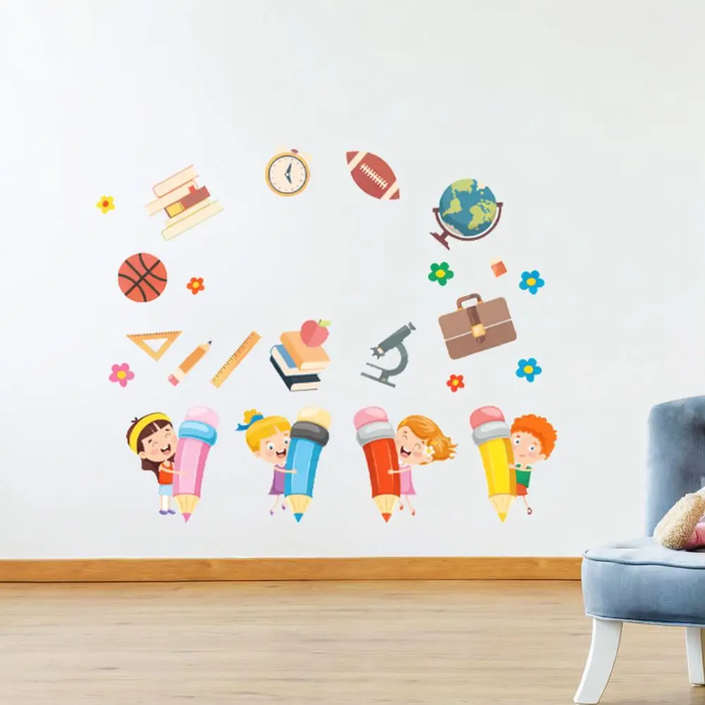 Waterproof Wall Stickers For Kids Room Decoration Learning Theme Pencil Ruler Books Art Mural Self Adhesive