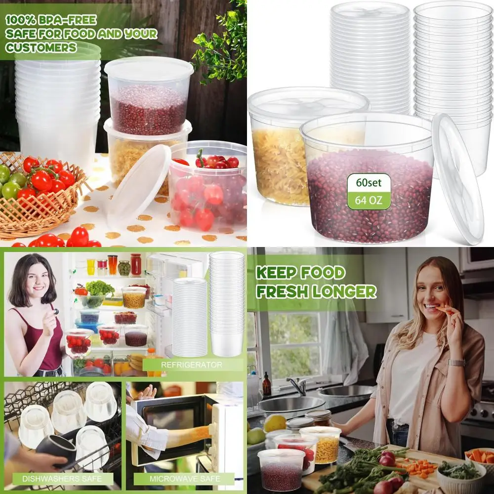

60-Piece Plastic Deli Containers with Lids, 64 oz Leakproof Food Storage, Microwave & Freezer Safe, Ideal for Restaurants, Cafes