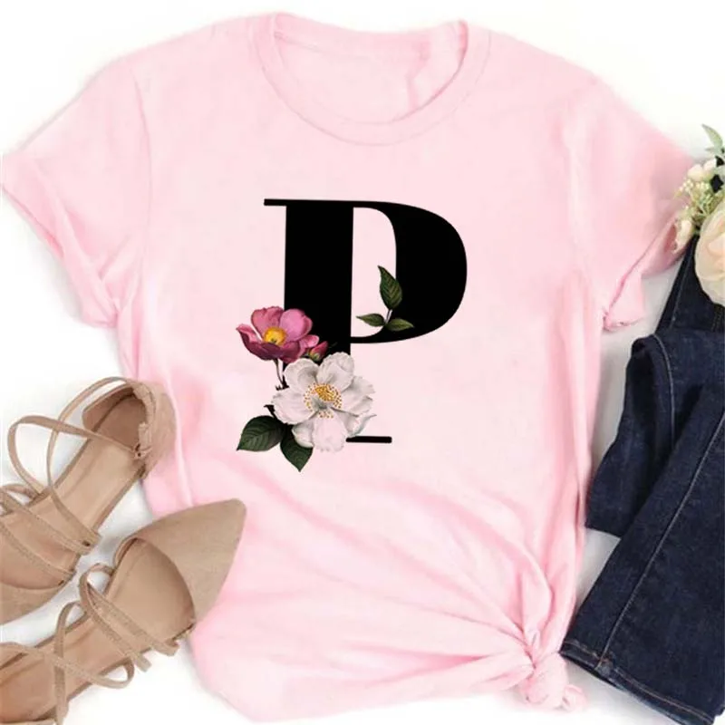 New Pink Women T Shirt Custom Name Letter Combination Font A B C D Fahshion Letter Printed Female Tee Shirt