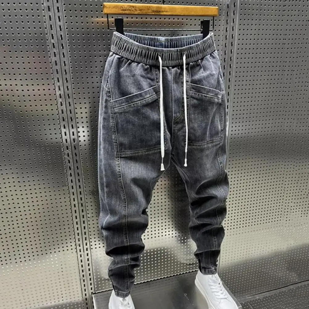 Cargo Harem Trousers Spring Autumn Men Jeans Fashion Drawstring Pockets Denim Pants Solid Color Casual Multi-pocket Men Trousers