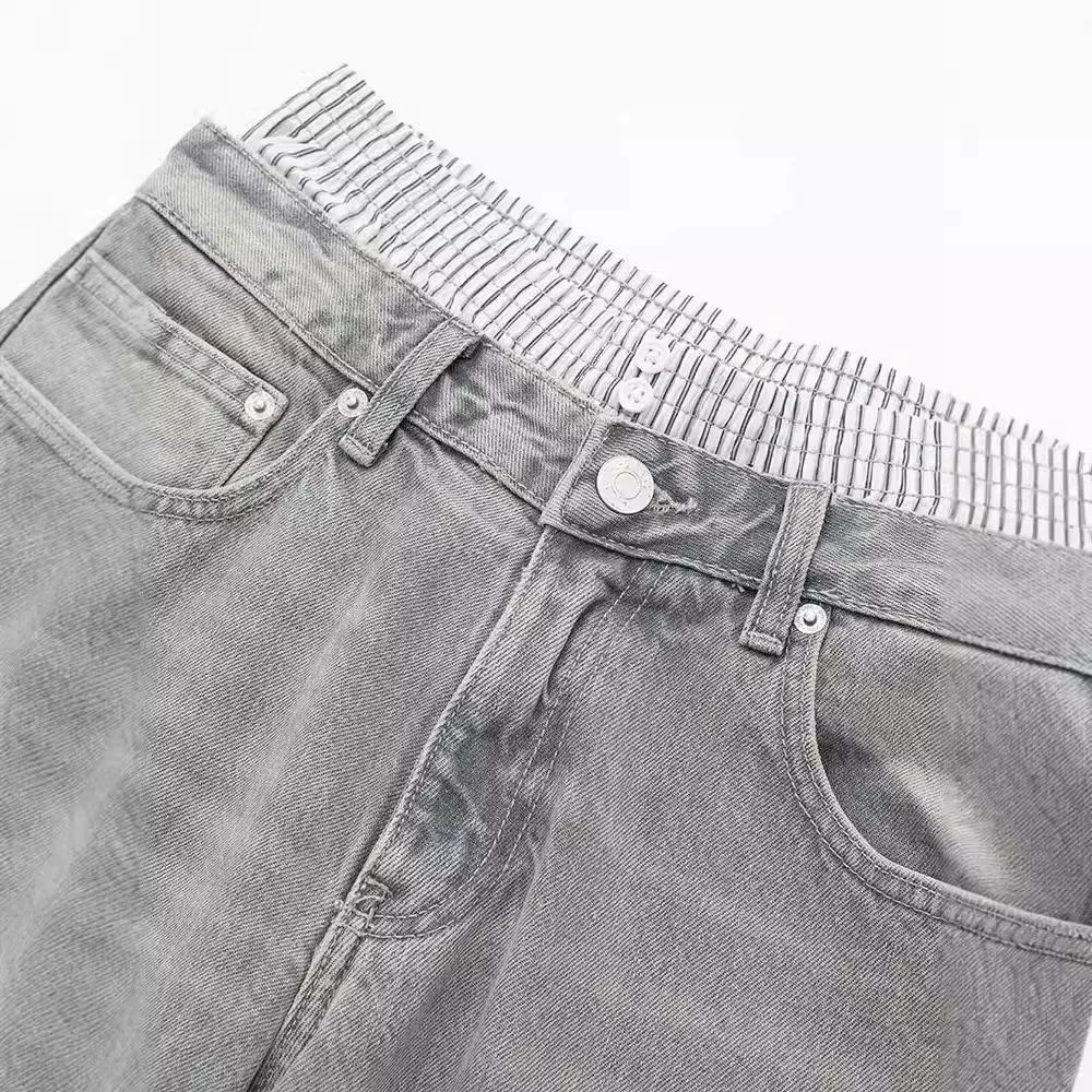 Denim Pant for Vintage Patchwork Jeans Zipper Fly Trousers 2024 Female Fashion Casual Streetwear Grey Denim Broad Leg Pants
