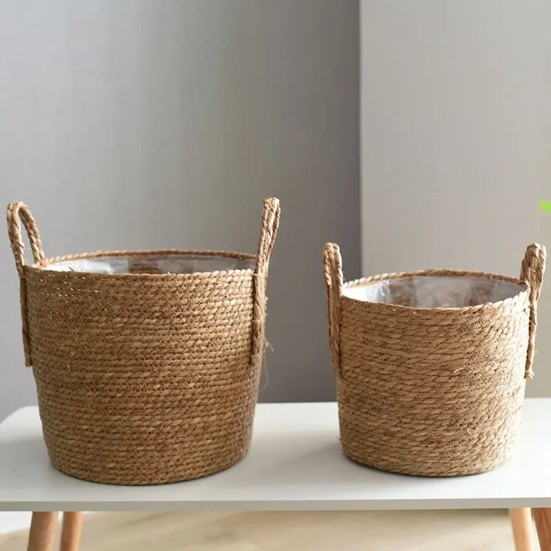 Basket straw woven rattan   flower basket bamboo   flowerpot cover green grass   plant decorative ratt