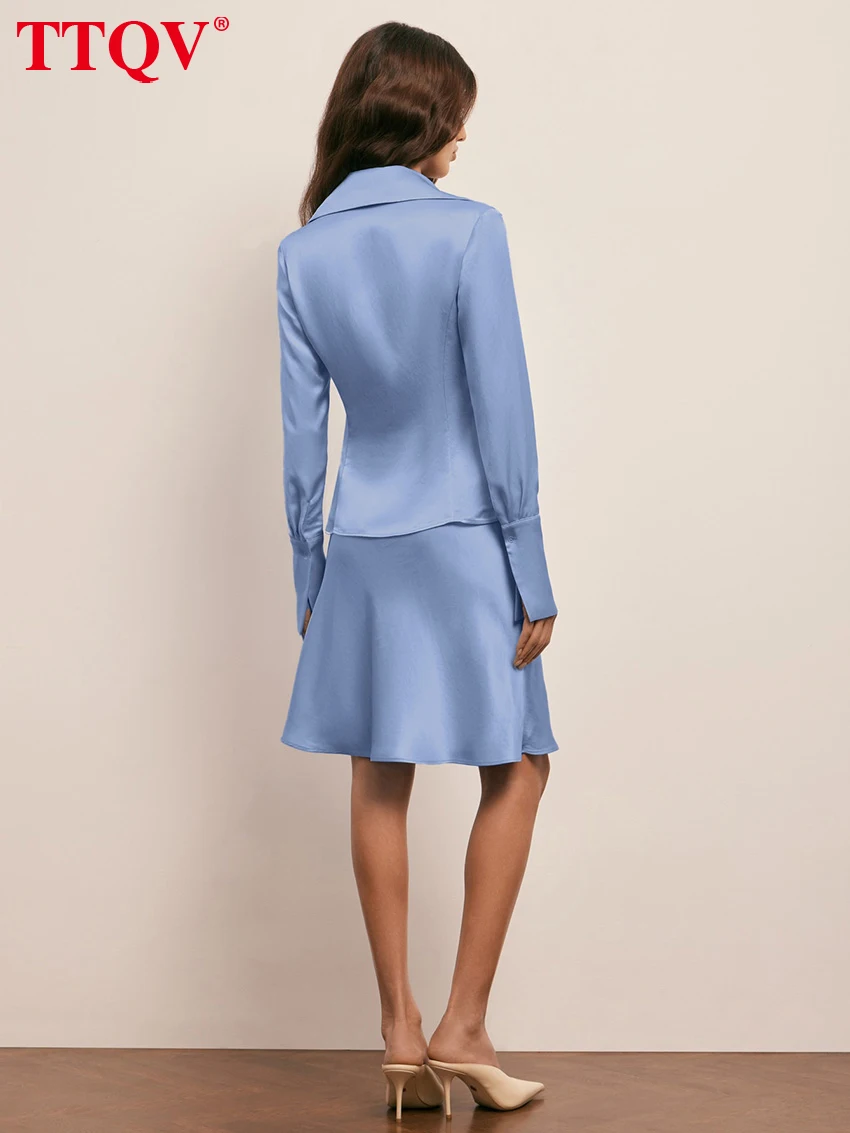 TTQV Fashion Loose Blue Satin Women's 2-Piece Sets 2026 Elegant Long Sleeve Shirt With High Waist Mini Skirt Set Female Clothing view 2