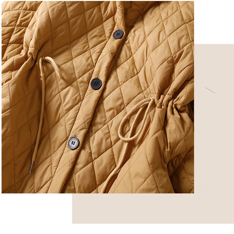 Leichte Baumwoll-Windjacke für Damen, mittellang, mit Kordelzug an der Taille, schlankmachender Baumwollmantel, Winter, neue warme Langarm-Oberbekleidung