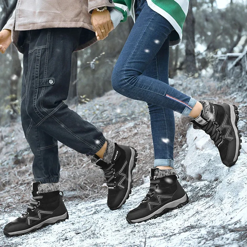 أحذية رجالية خارجية دافئة من القطن المخملي المضادة للانزلاق، أحذية مشي، أحذية عمل، أحذية شتوية دافئة مقاومة للماء للنساء