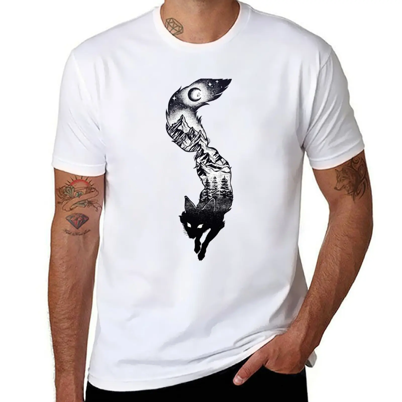 

Tress, Surreal & t Mountains, футболки с силуэтом и хлопковой футболкой, качественная рубашка с принтом Fox Stars Moon на заказ