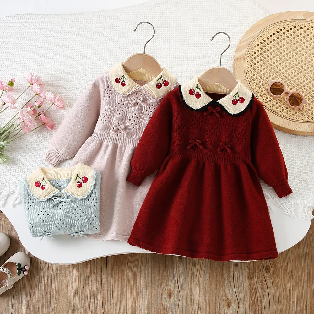 Girls Sweater Dress Fall Winter New Stylish Sweet Embroidered Cherry Knit Pullover Bow Knot Little Princess Dress