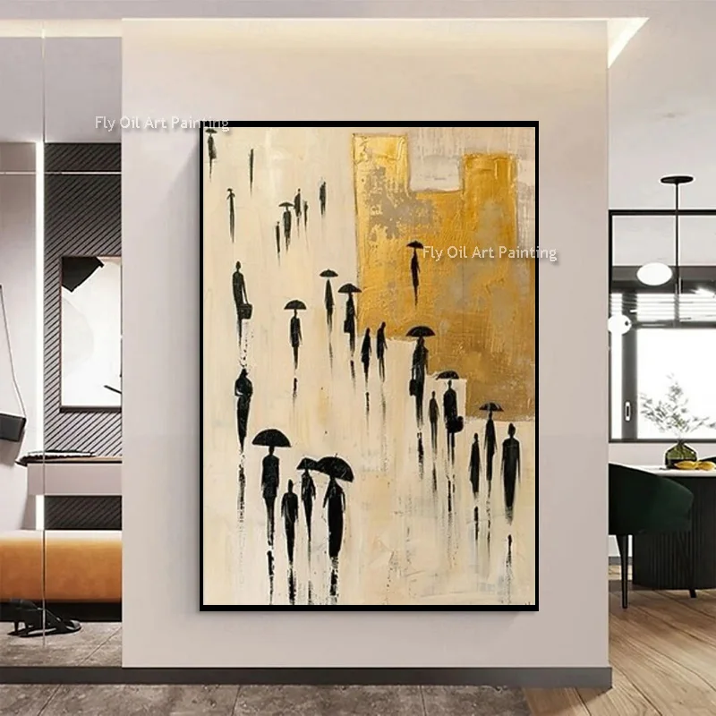 تصميم بسيط مرسومة باليد مجردة أصفر أسود الناس النفط الطلاء على قماش عمل فني شعبي جديد الأخضر البيج جدار ديكور فني #4