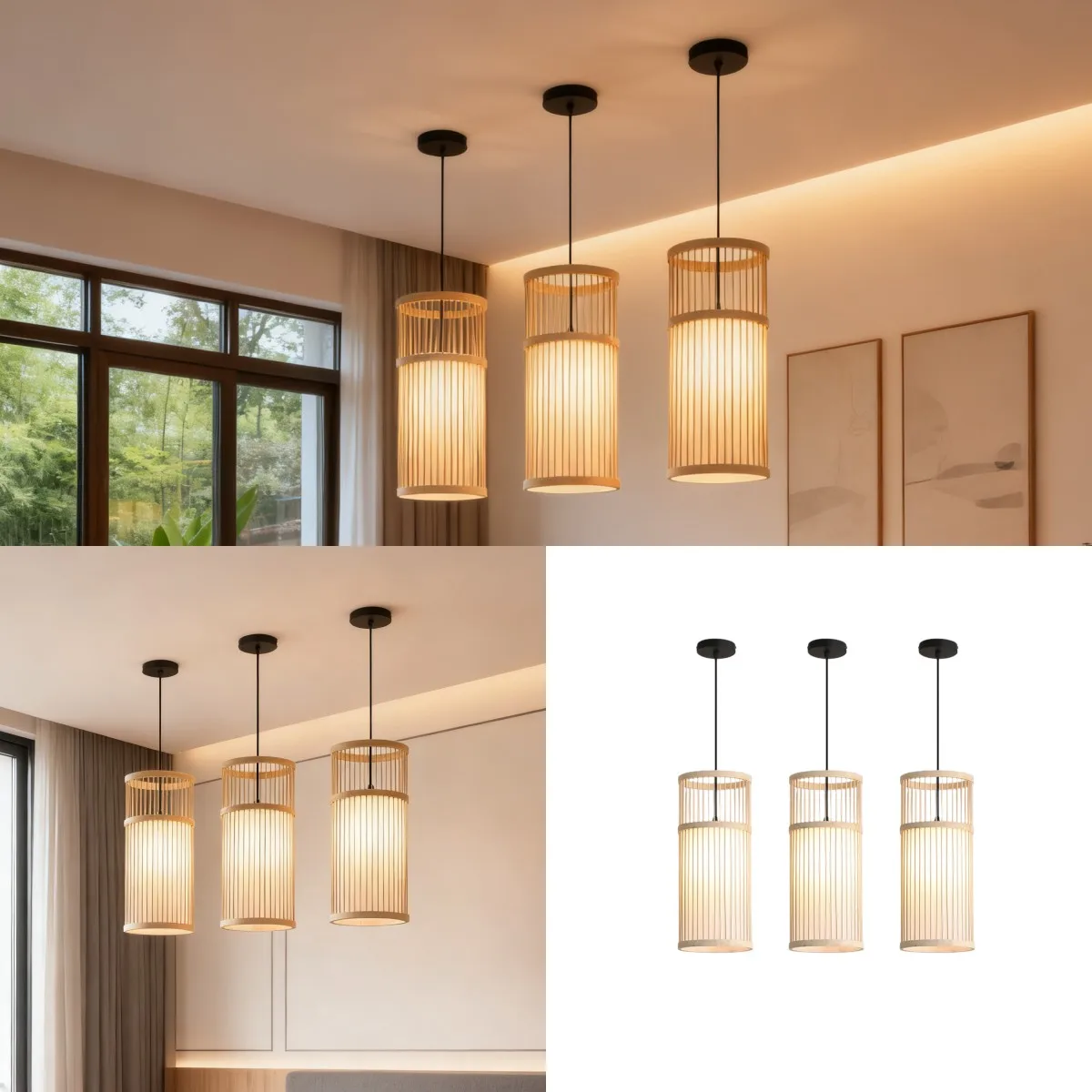 JOYINLED Bamboo Chandeliers Set of 3, Mini Hand-Woven Wicker Pendant Light for Kitchen Island Bar Dining Room E27 Decor Lighting