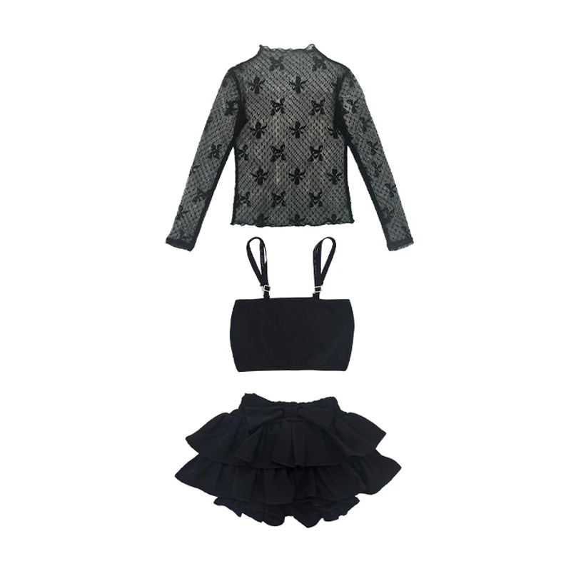 2025 Girls Jazz Dance Costume Black Lace Mesh Tops Skirt Catwalk Concert Kpop Style Street Clothing Performance Clothes BL15803