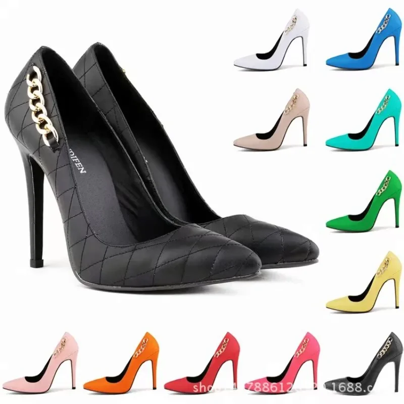 Loslandifen nova moda feminina sexy corrente stilettos clássico apontou dedos 6.5cm super alta primavera marca design sapatos de festa