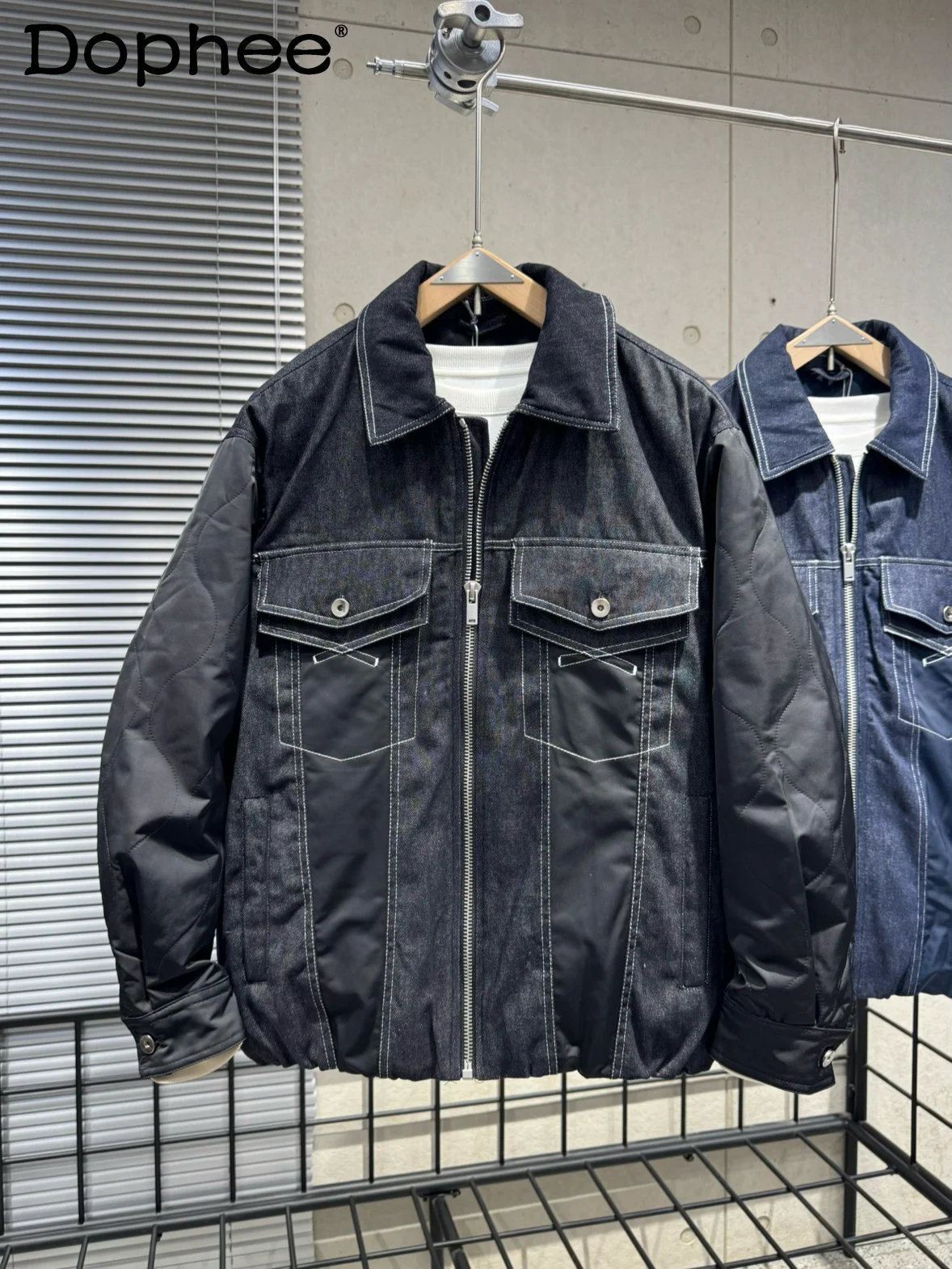 

American Retro Denim Patchwork Turn-Down Collar Down Jacket Winter New Trendy Fashion Zipper Warm Thickened Coat for Men