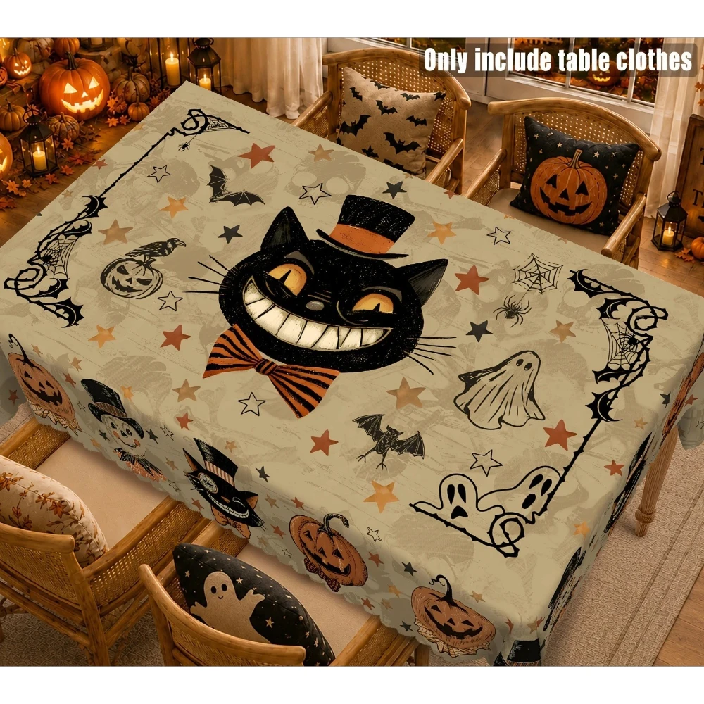 Halloween Black Cat Rectangle Tablecloth for Table Decor Pumpkin Lantern Ghost Bat Spider Web Print Table Cloth Halloween Decor