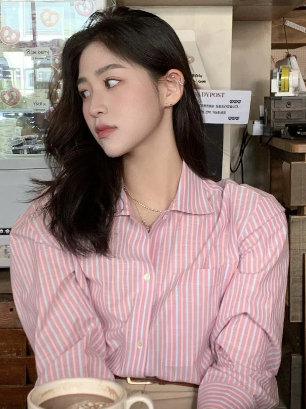 

Pink Striped Women's Shirt Korean Design Long Sleeve Fashionable Sweet Early Autumn New Style Top Loose Bubble Sleeve Co...