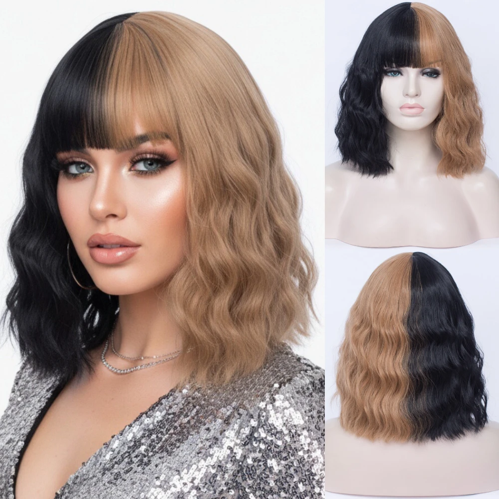 

Two Tone 12 Inch Short Bob Wig with Bangs Women’s Realistic Synthetic Wig Suitable for Daily Use Cosplay Gatherings & Party Look
