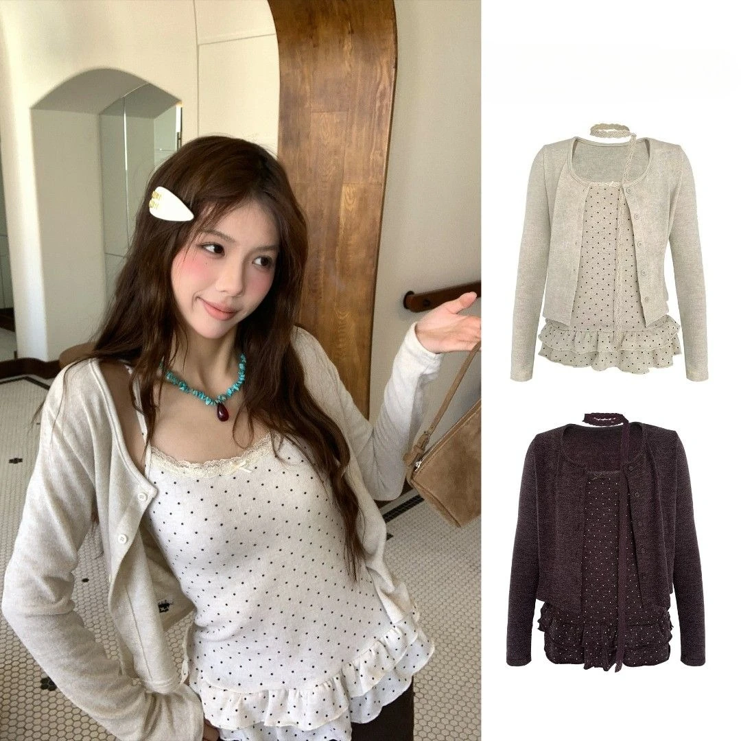Harajuku Y2K 2-teiliges Set Oberteile Amerikanischer Vintage Retro Strickpullover Koreanischer Slim-Fit Langarm 2000er Spicy Girl Lässig Schick Damenmode
