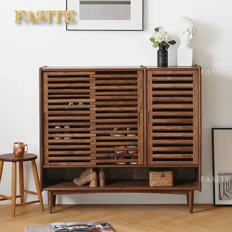 For Nordic Black Walnut Solid Wood Shoe Cabinet Modern Simple Log Locker Fence Door Living Room Entrance Storage Furniture